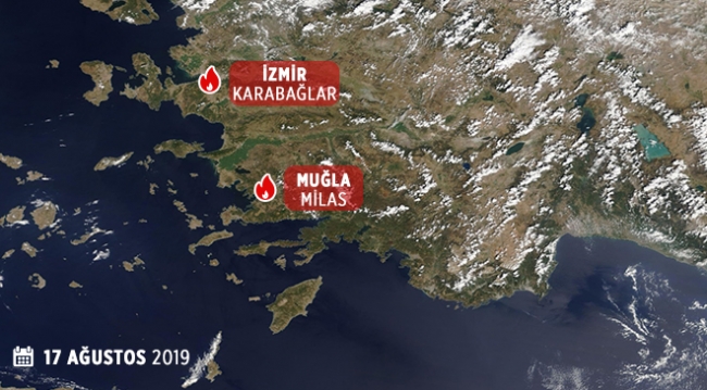 İzmir ve Muğla'daki orman yangınları uydudan görüntülendi